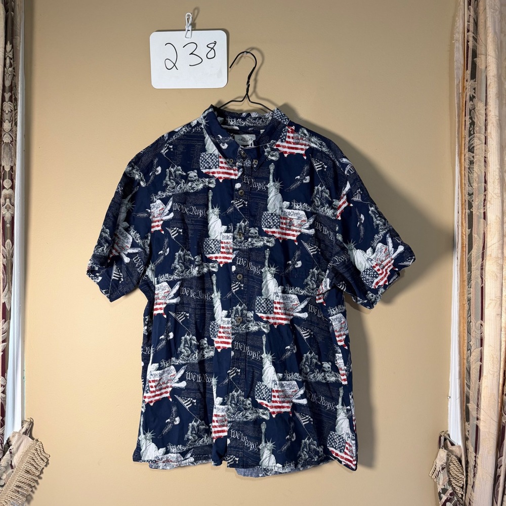 American Legacy Mens 2XL Patriotic We The People Flag Button Down Shirt Navy